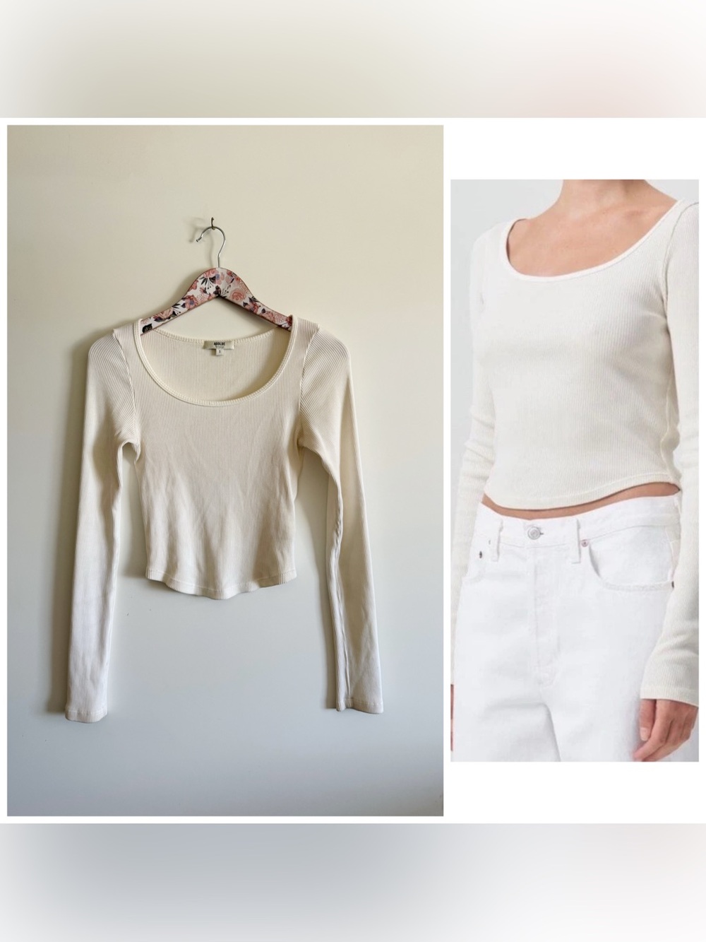 AGOLDE Ridley Scoop Ribbed Long Sleeve Top S Small Cream Ivory Tofu